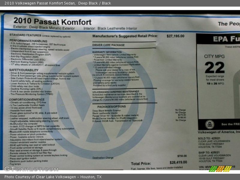 Deep Black / Black 2010 Volkswagen Passat Komfort Sedan