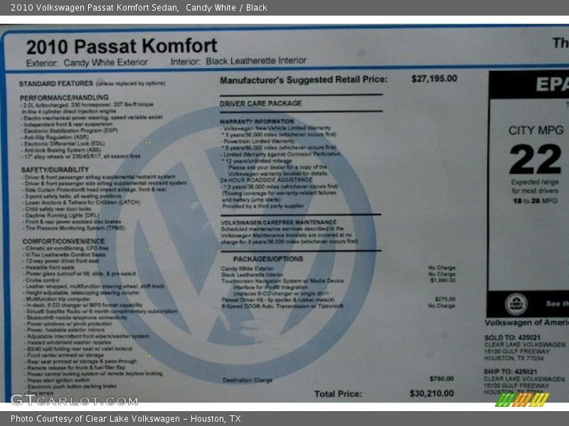Candy White / Black 2010 Volkswagen Passat Komfort Sedan
