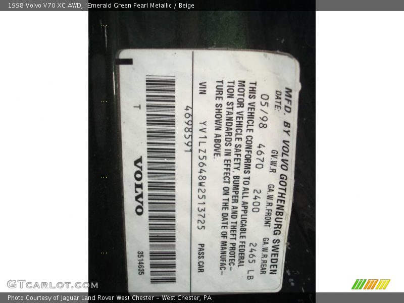 Emerald Green Pearl Metallic / Beige 1998 Volvo V70 XC AWD