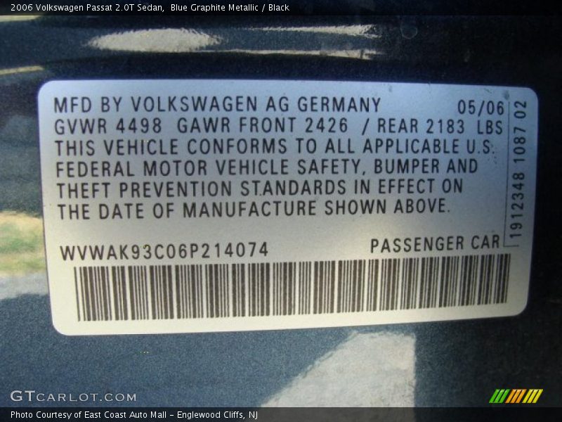 Blue Graphite Metallic / Black 2006 Volkswagen Passat 2.0T Sedan