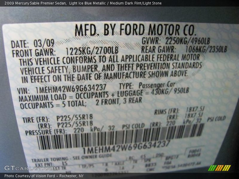 Light Ice Blue Metallic / Medium Dark Flint/Light Stone 2009 Mercury Sable Premier Sedan