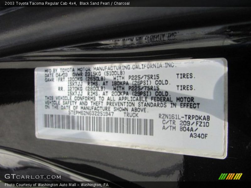 Black Sand Pearl / Charcoal 2003 Toyota Tacoma Regular Cab 4x4