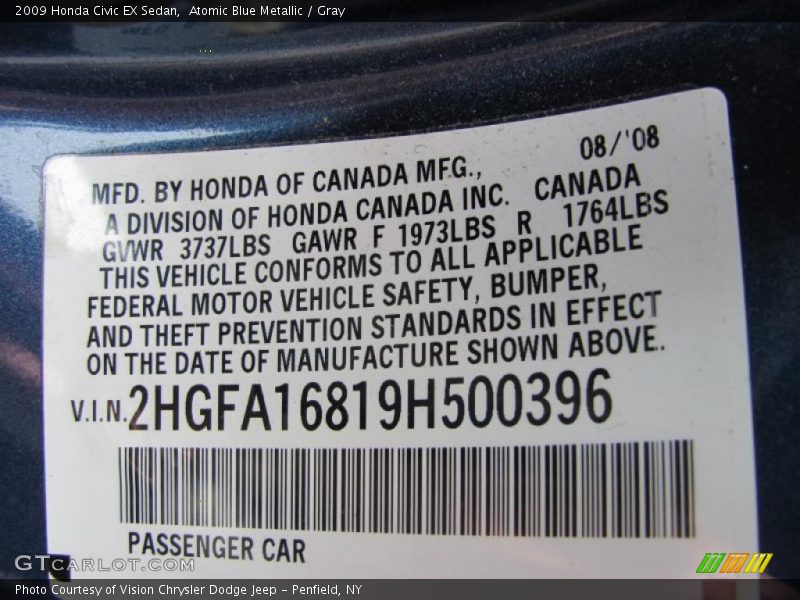 Atomic Blue Metallic / Gray 2009 Honda Civic EX Sedan