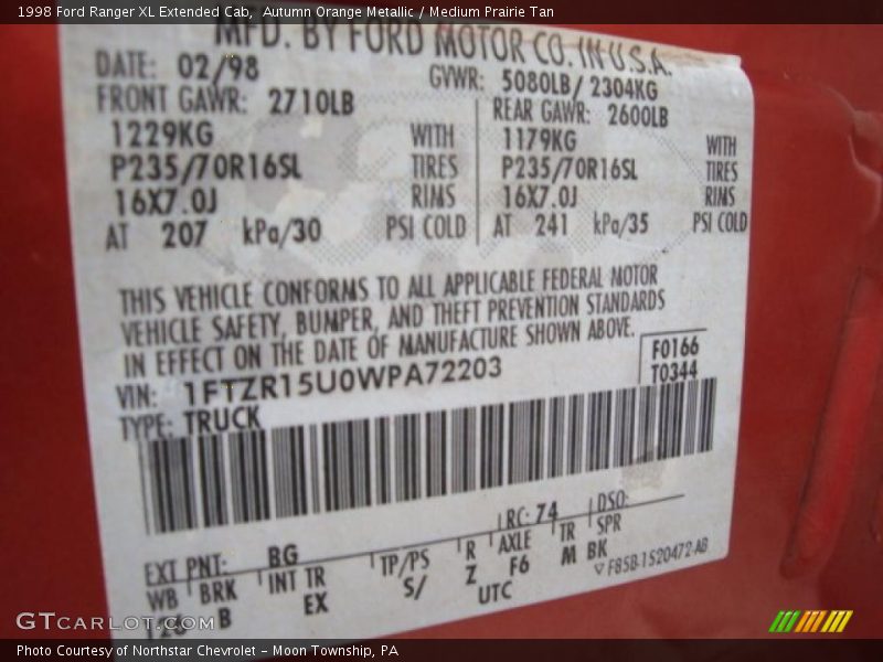 Autumn Orange Metallic / Medium Prairie Tan 1998 Ford Ranger XL Extended Cab