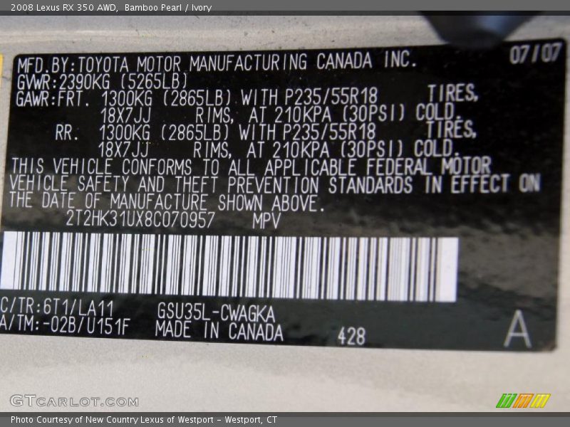 Bamboo Pearl / Ivory 2008 Lexus RX 350 AWD