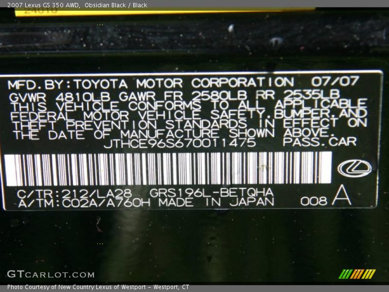 Obsidian Black / Black 2007 Lexus GS 350 AWD