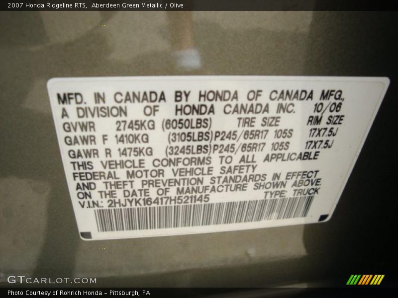 Aberdeen Green Metallic / Olive 2007 Honda Ridgeline RTS