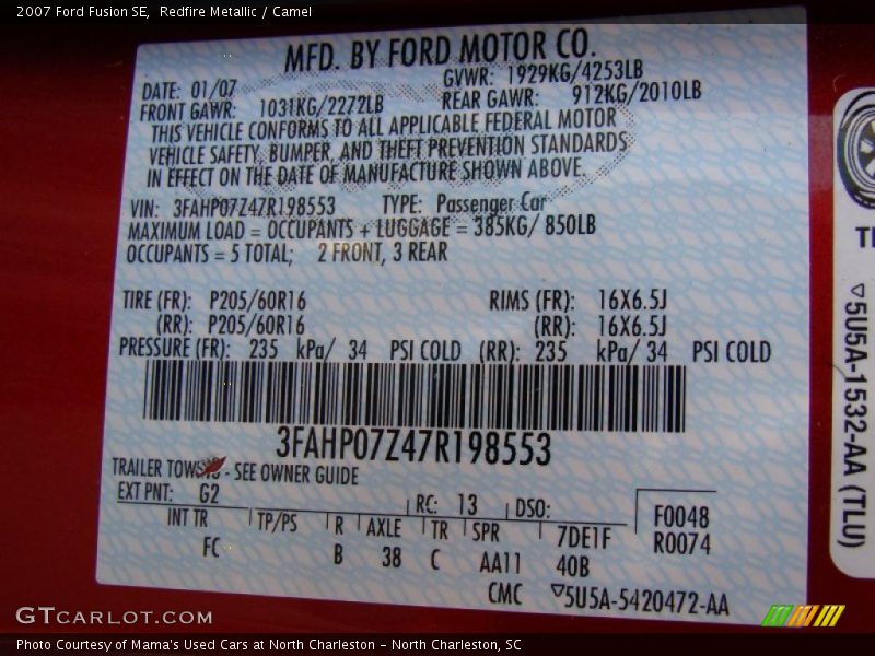 Redfire Metallic / Camel 2007 Ford Fusion SE