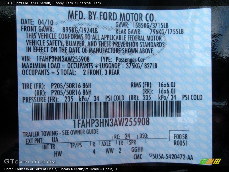 Ebony Black / Charcoal Black 2010 Ford Focus SEL Sedan