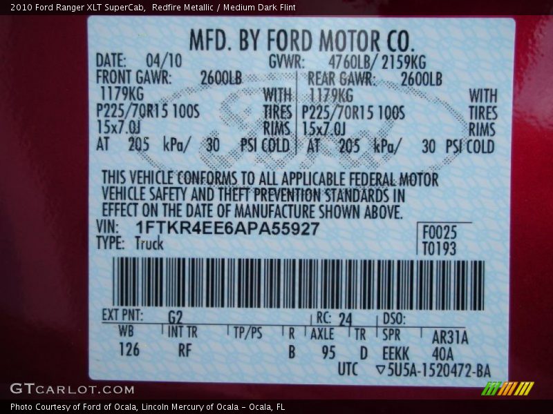 Redfire Metallic / Medium Dark Flint 2010 Ford Ranger XLT SuperCab