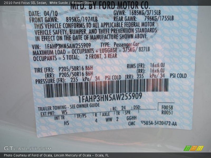 White Suede / Medium Stone 2010 Ford Focus SEL Sedan