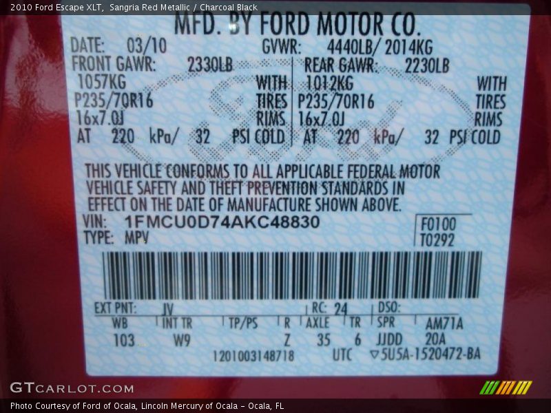 Sangria Red Metallic / Charcoal Black 2010 Ford Escape XLT