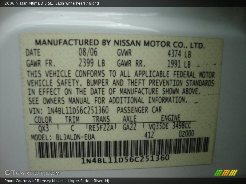 Satin White Pearl / Blond 2006 Nissan Altima 3.5 SL