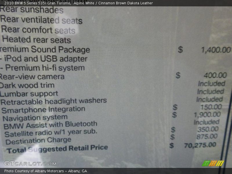 Alpine White / Cinnamon Brown Dakota Leather 2010 BMW 5 Series 535i Gran Turismo