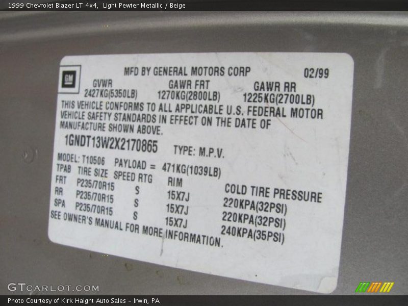 Light Pewter Metallic / Beige 1999 Chevrolet Blazer LT 4x4