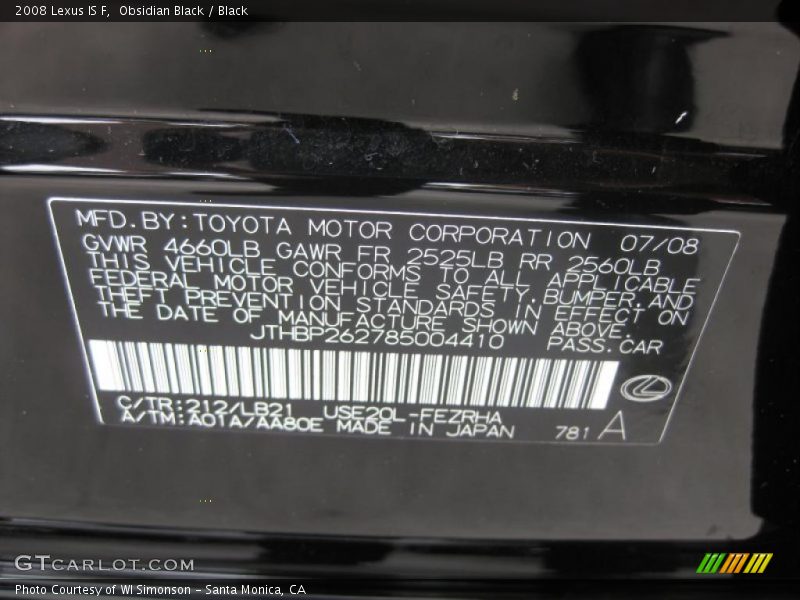 Obsidian Black / Black 2008 Lexus IS F