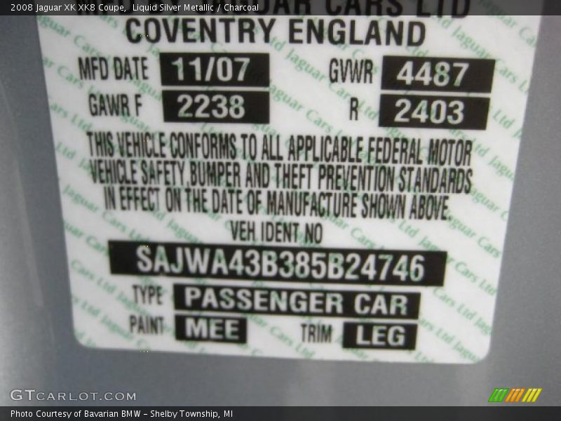 Liquid Silver Metallic / Charcoal 2008 Jaguar XK XK8 Coupe
