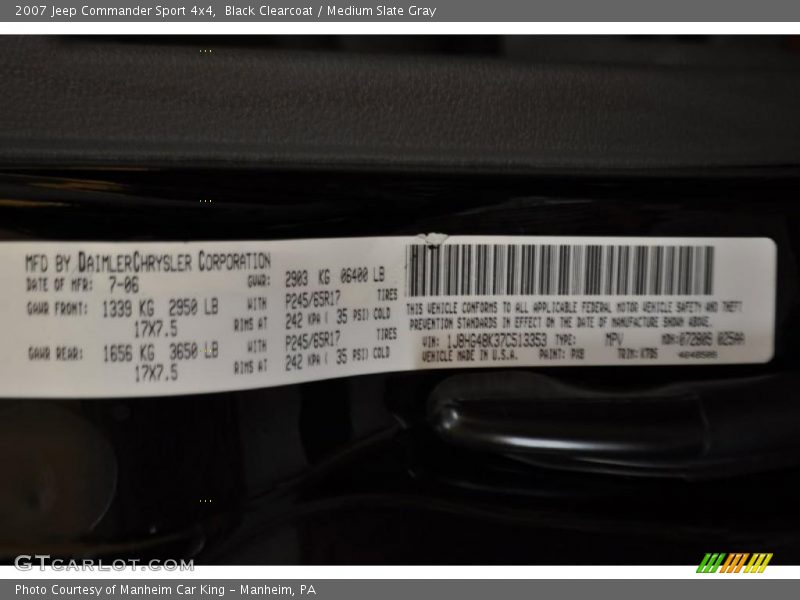 Black Clearcoat / Medium Slate Gray 2007 Jeep Commander Sport 4x4