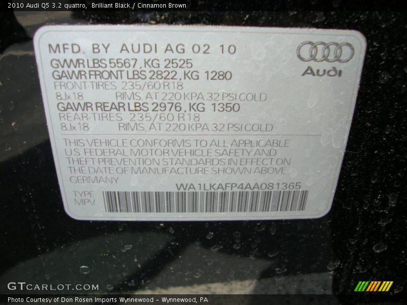 Brilliant Black / Cinnamon Brown 2010 Audi Q5 3.2 quattro