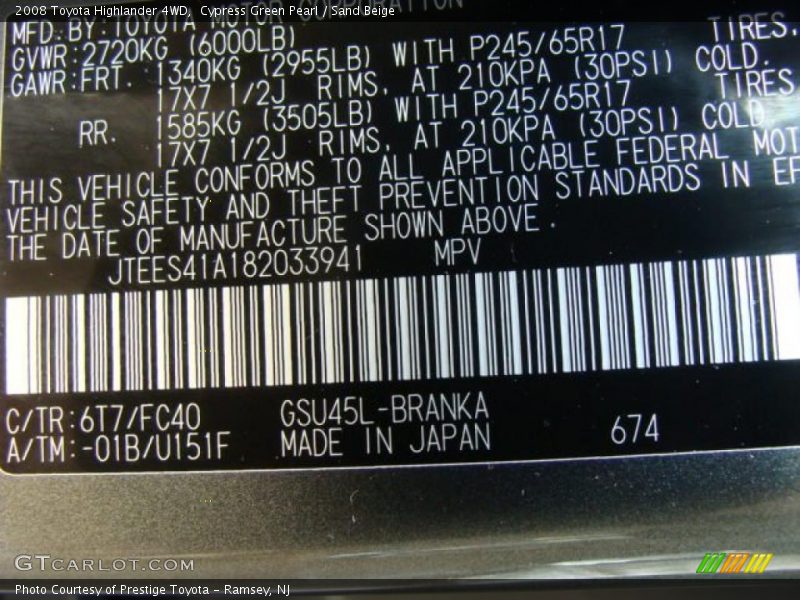 Cypress Green Pearl / Sand Beige 2008 Toyota Highlander 4WD