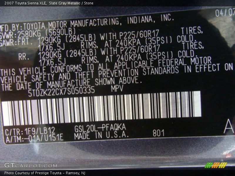 Slate Gray Metallic / Stone 2007 Toyota Sienna XLE
