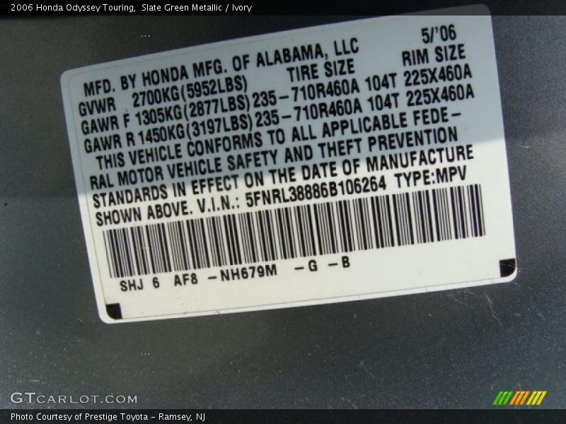 Slate Green Metallic / Ivory 2006 Honda Odyssey Touring