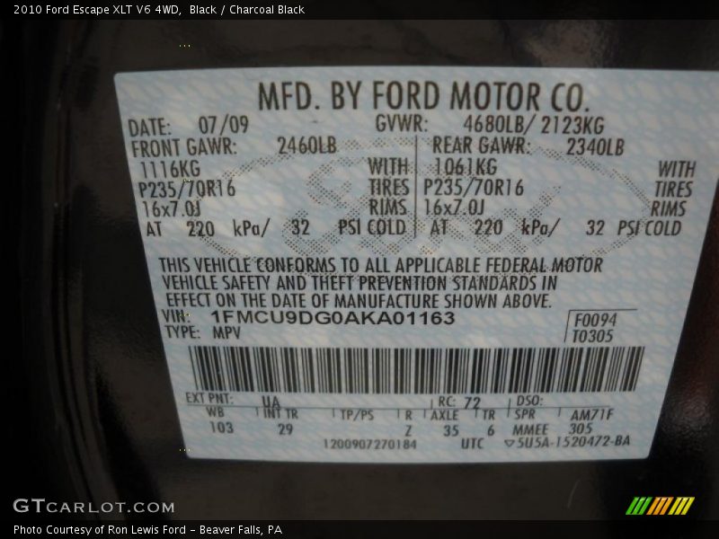 Black / Charcoal Black 2010 Ford Escape XLT V6 4WD