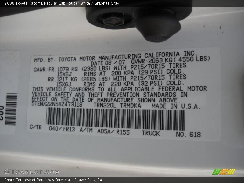 Super White / Graphite Gray 2008 Toyota Tacoma Regular Cab