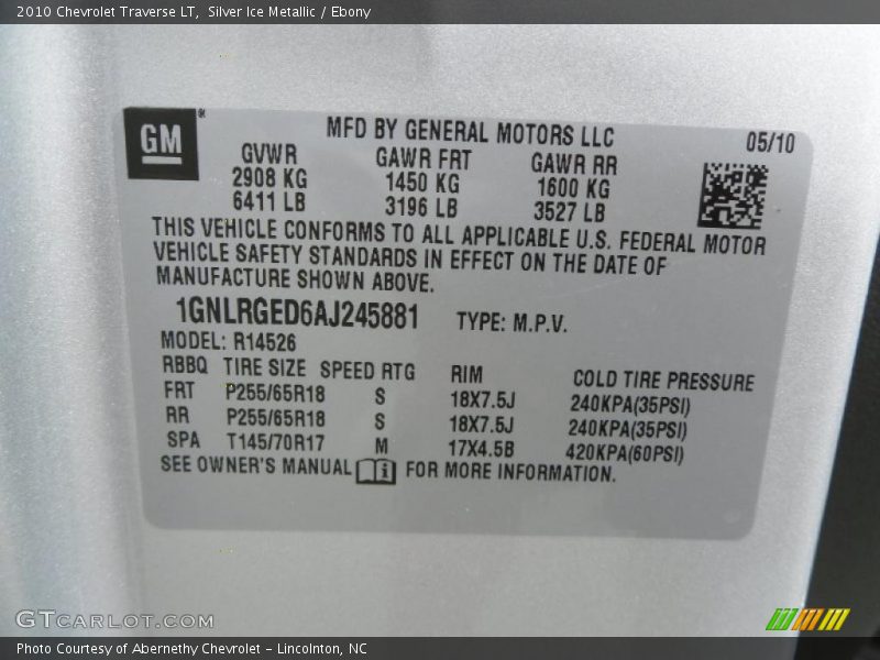 Silver Ice Metallic / Ebony 2010 Chevrolet Traverse LT