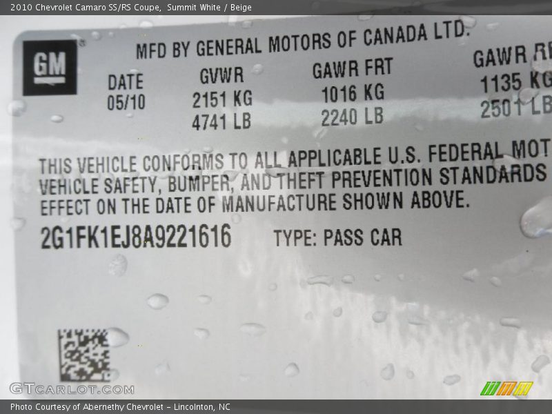 Summit White / Beige 2010 Chevrolet Camaro SS/RS Coupe