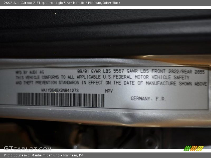 Light Silver Metallic / Platinum/Saber Black 2002 Audi Allroad 2.7T quattro