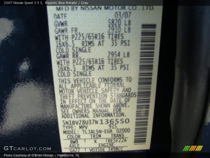 Majestic Blue Metallic / Gray 2007 Nissan Quest 3.5 S