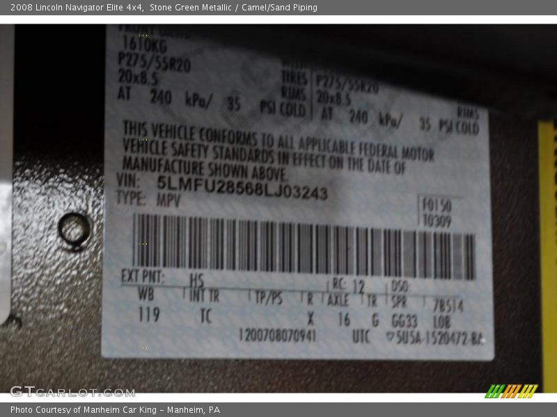 Stone Green Metallic / Camel/Sand Piping 2008 Lincoln Navigator Elite 4x4