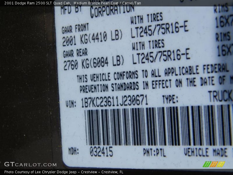 Medium Bronze Pearl Coat / Camel/Tan 2001 Dodge Ram 2500 SLT Quad Cab