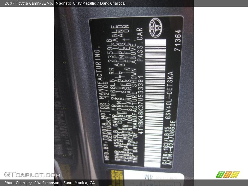Magnetic Gray Metallic / Dark Charcoal 2007 Toyota Camry SE V6