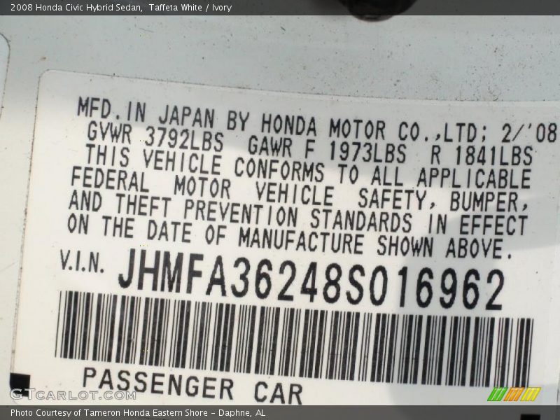 Taffeta White / Ivory 2008 Honda Civic Hybrid Sedan