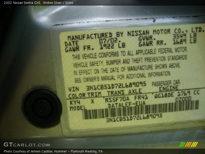 Molten Silver / Stone 2002 Nissan Sentra GXE