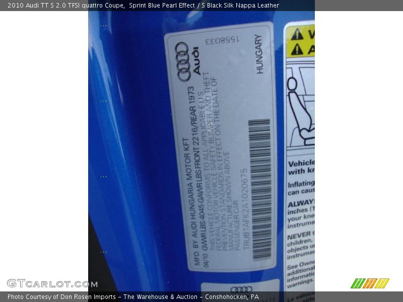 Sprint Blue Pearl Effect / S Black Silk Nappa Leather 2010 Audi TT S 2.0 TFSI quattro Coupe