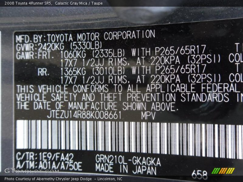 Galactic Gray Mica / Taupe 2008 Toyota 4Runner SR5