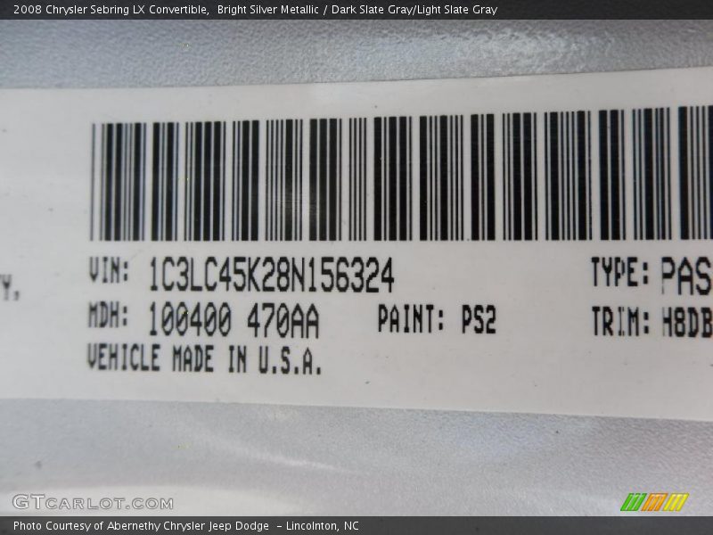 Bright Silver Metallic / Dark Slate Gray/Light Slate Gray 2008 Chrysler Sebring LX Convertible