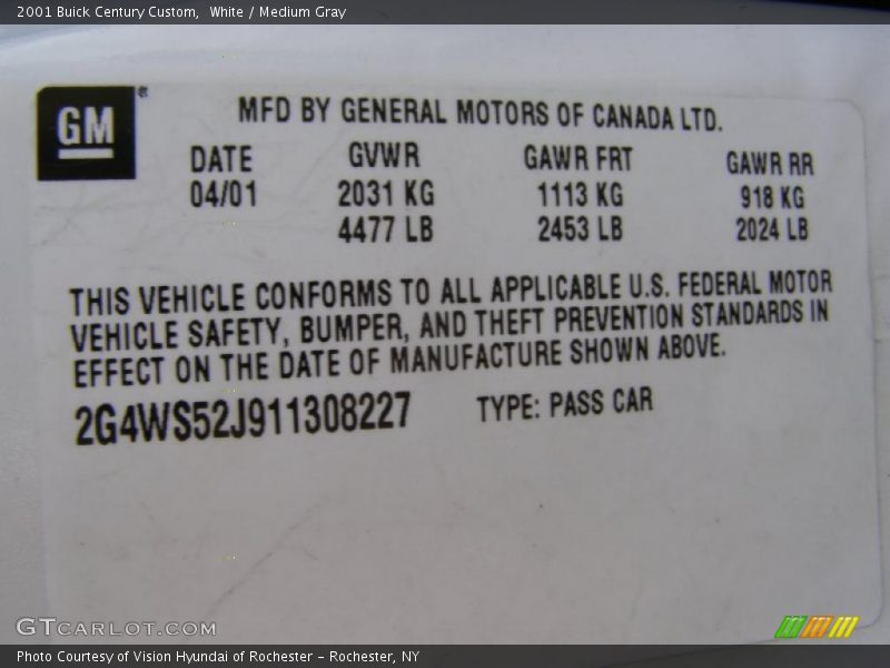 White / Medium Gray 2001 Buick Century Custom