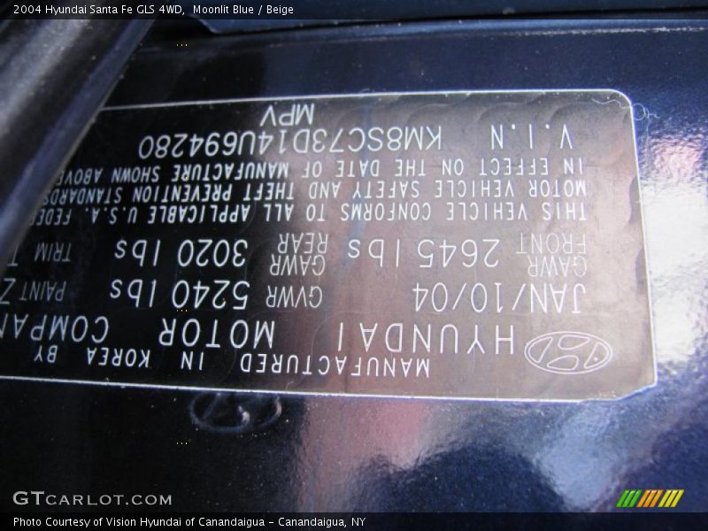 Moonlit Blue / Beige 2004 Hyundai Santa Fe GLS 4WD