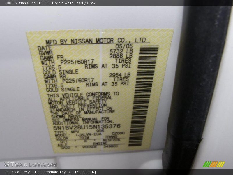 Nordic White Pearl / Gray 2005 Nissan Quest 3.5 SE