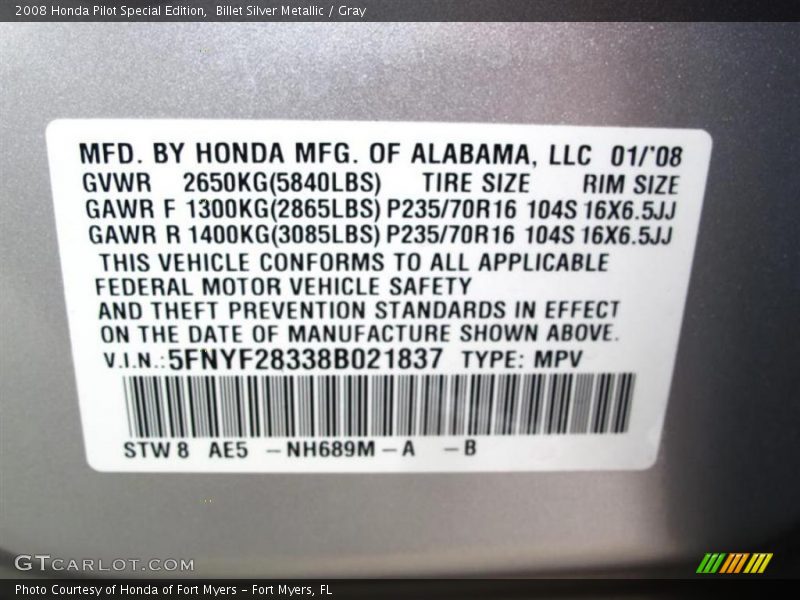 Billet Silver Metallic / Gray 2008 Honda Pilot Special Edition