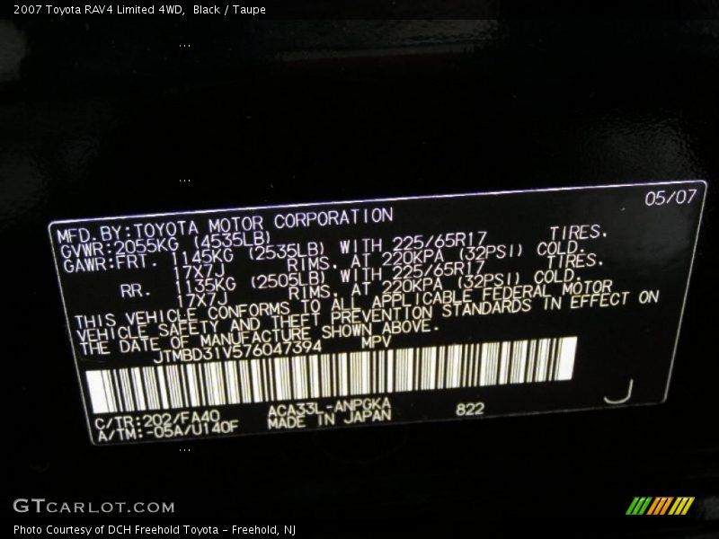 Black / Taupe 2007 Toyota RAV4 Limited 4WD