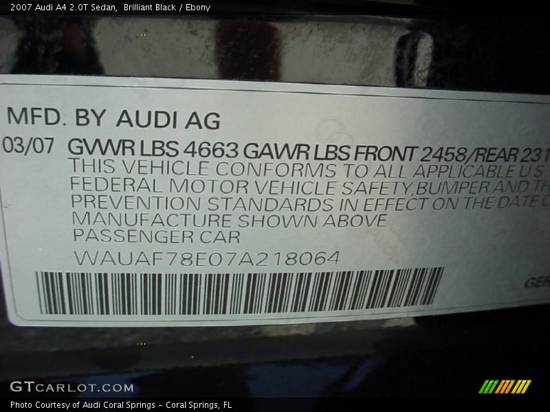 Brilliant Black / Ebony 2007 Audi A4 2.0T Sedan