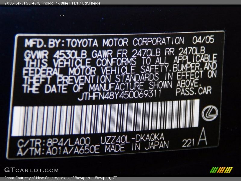 Indigo Ink Blue Pearl / Ecru Beige 2005 Lexus SC 430