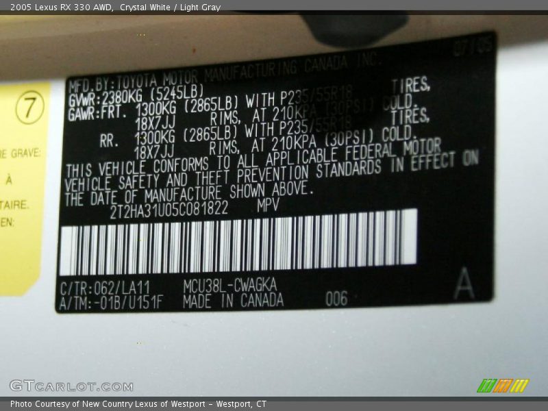 Crystal White / Light Gray 2005 Lexus RX 330 AWD