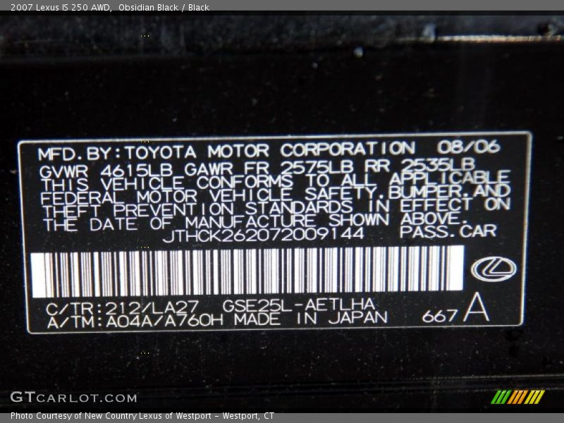 Obsidian Black / Black 2007 Lexus IS 250 AWD