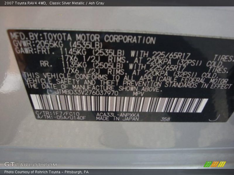Classic Silver Metallic / Ash Gray 2007 Toyota RAV4 4WD